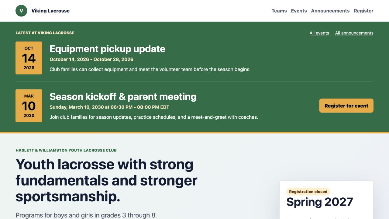Platform preview showing prominent club announcements and an event with a registration button.